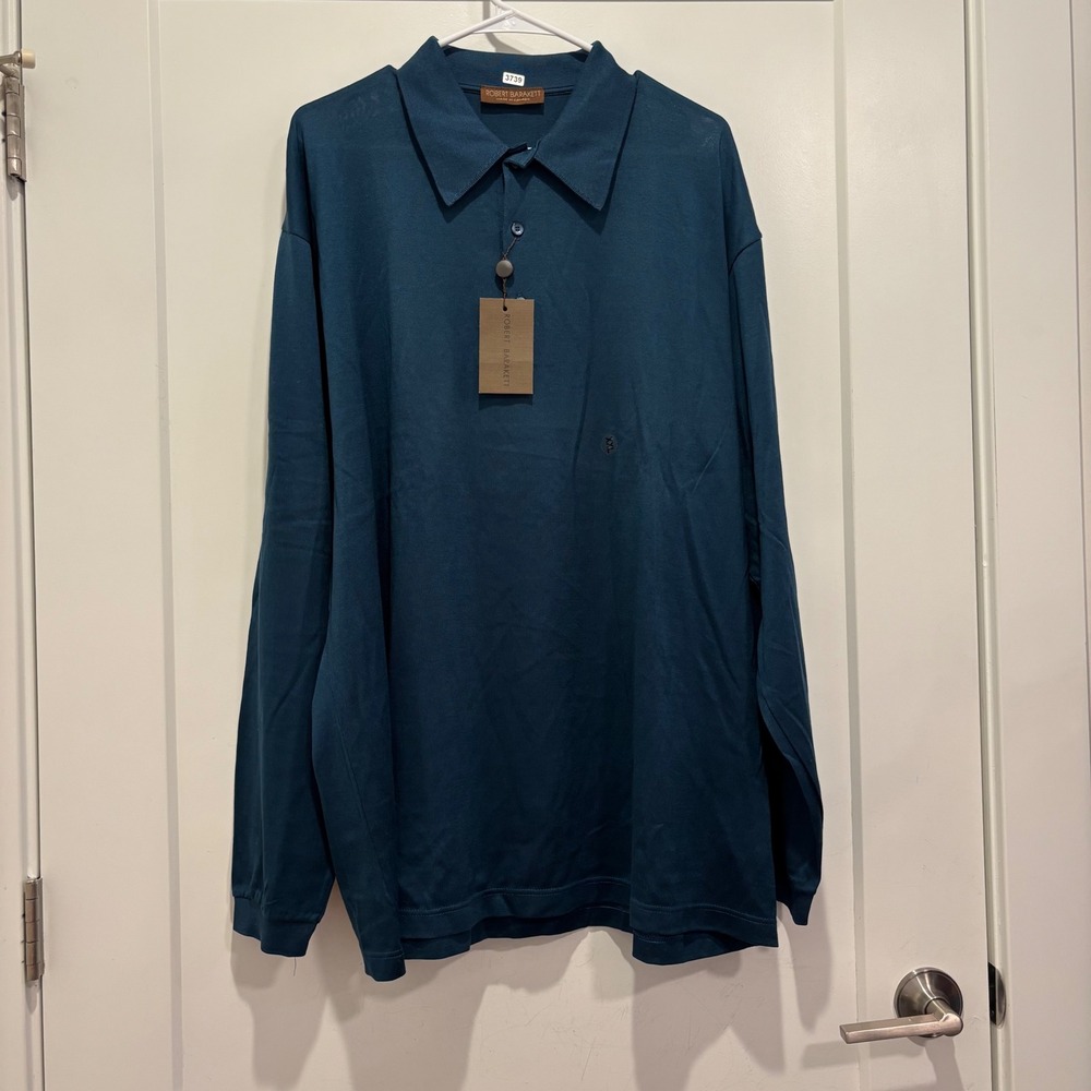 Robert Barakett Atlantis Teal Blue Knit Polo Shirt Mens XXL Long Sleeve Cotton